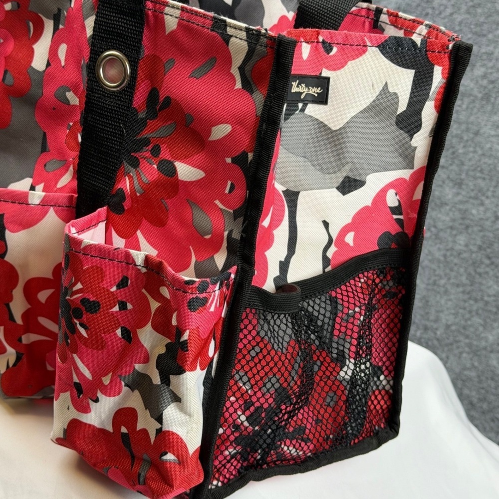 Thirty-One Zip-Top Organizing Utility Tote Red Grey Floral Multi Pocket Bag - Picture 2 of 9